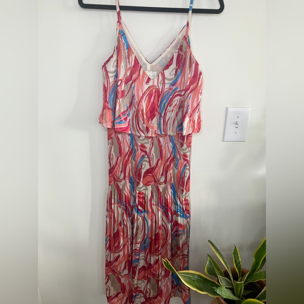 Adelyn Rae Pleated Midi Dress Pink Blue & Coral V-Neck Ruffled Layered Dress